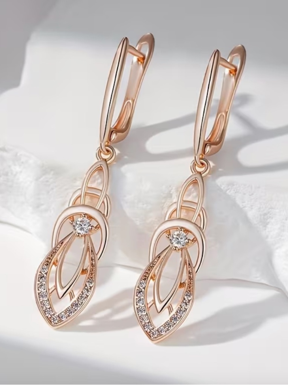 Rose Gold Long Drop Earrings With Clear Stones. - Picture 5 of 8
